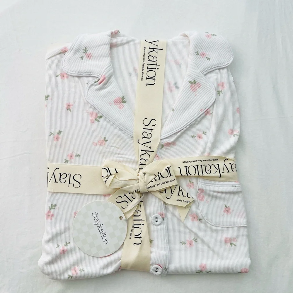 NWT StayKation Bamboo Ribbed PJ Floral Sleepshirt / Lounge Dress Size XS - Picture 4 of 7